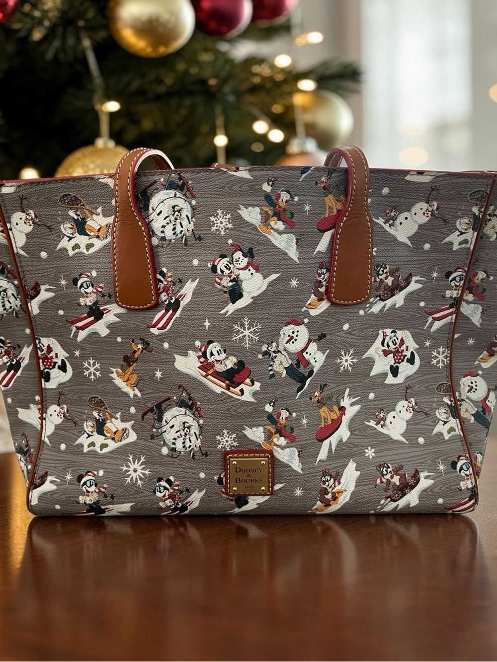USED: Dooney & Bourke Gray Holiday Disney Tote with Brown Trim